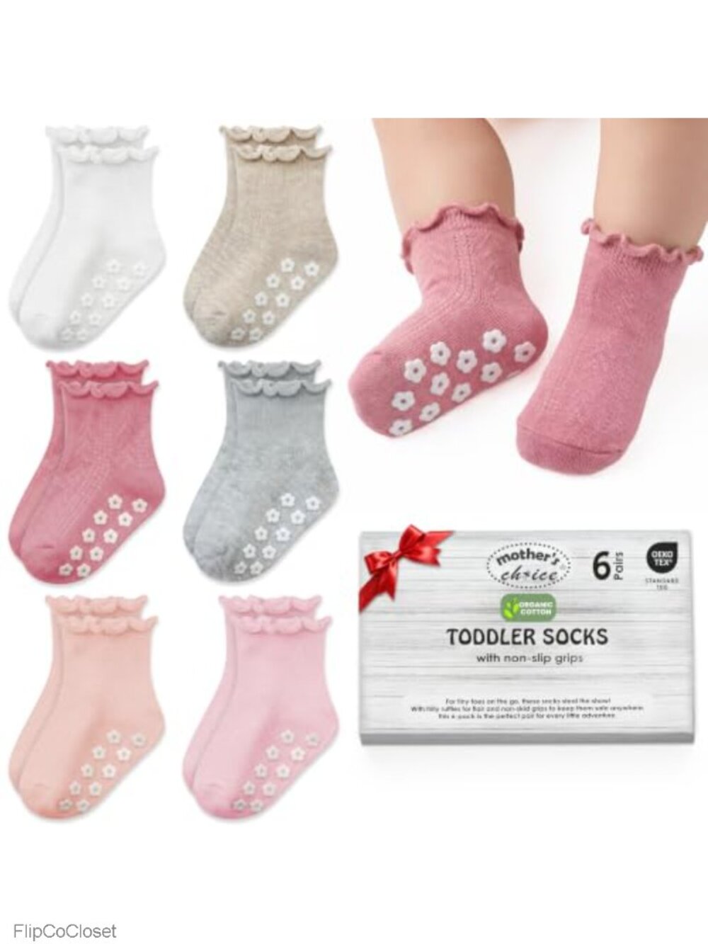 Toddler Girls Ruffle Socks 6 Pairs Organic Cotton Blend Non-Slip Grip